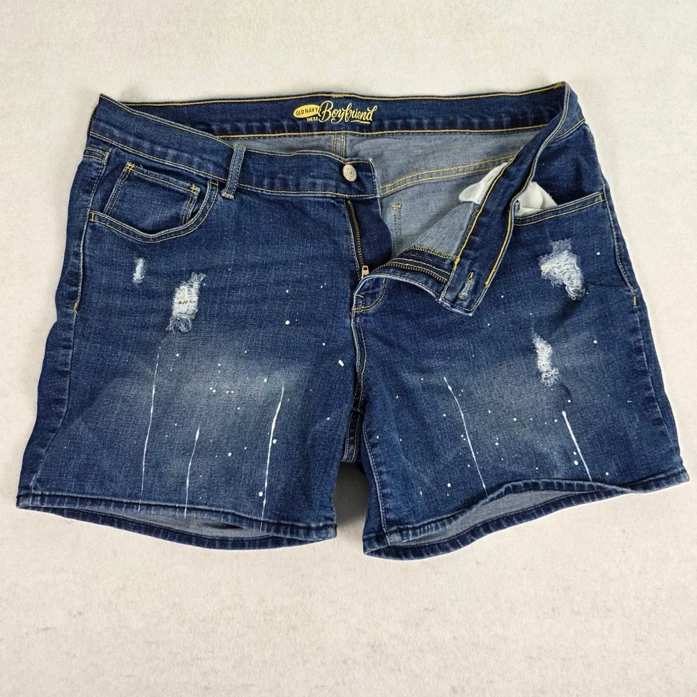 Old Navy Boyfriend Denim Shorts Womens 14 Dark Wash Distressed Paint Splatter 4